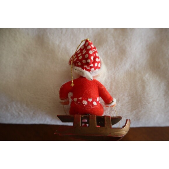 Vtg Christmas Chubby Cheeks Flocked Santa Claus Figure Ornament Plastic Sled 4" - Picture 8 of 11